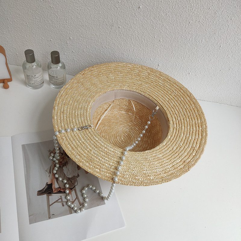 Women's Detachable Pearl Chain Flat Top Straw Hat