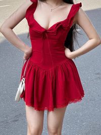 Lace Edge Stitching Depth V-neck Lace-up Dress