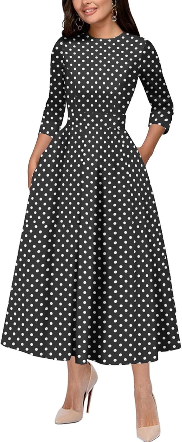 Slim Fit Waist Retro Printed Dress Women With Pockets