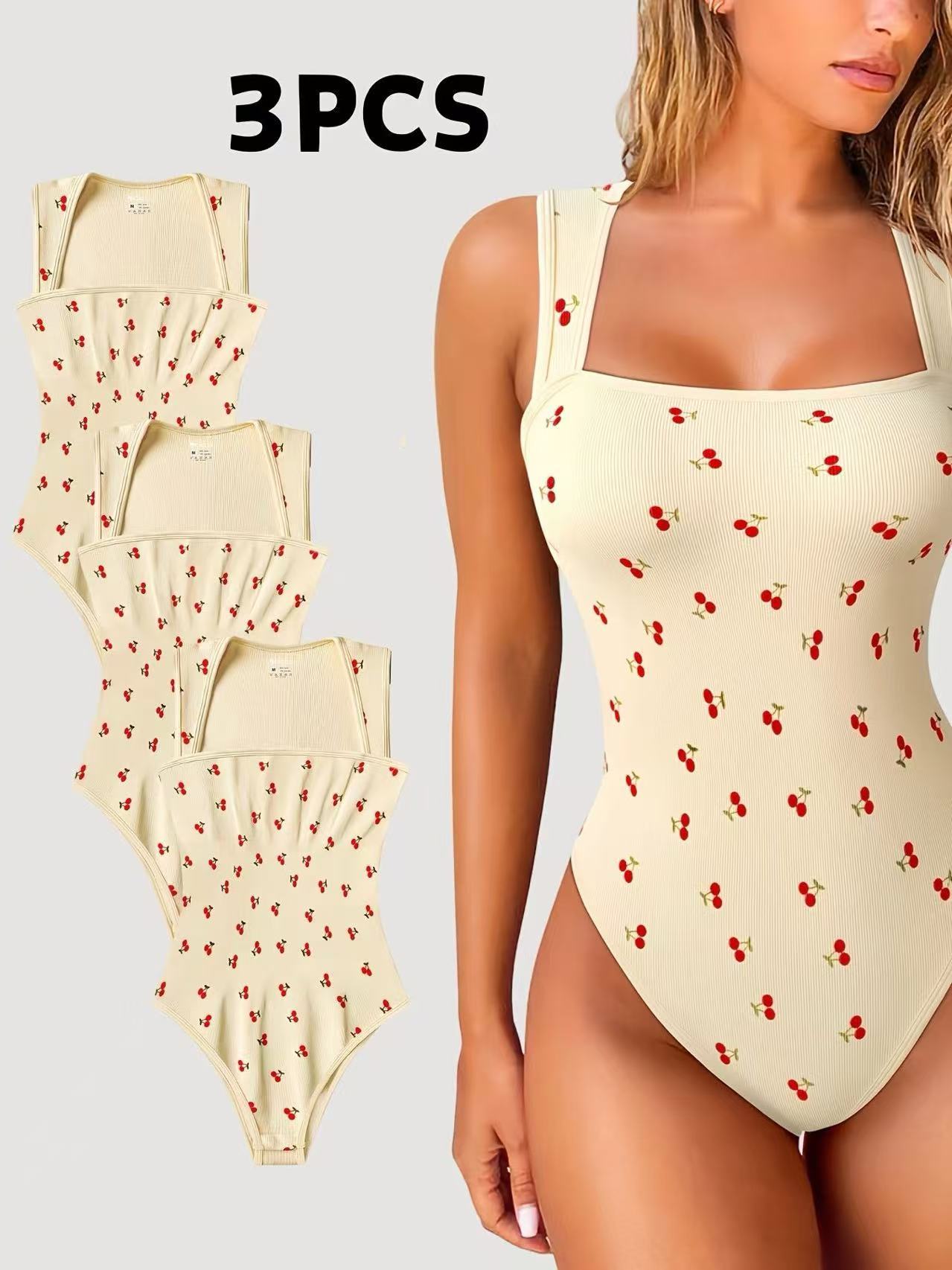 3-Pack Women’s Summer Jumpsuits – Baby Blue Cherry Print Vintage Chic Outfit