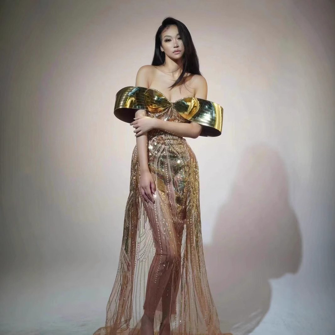 Gold Strapless Sequined Split Dress Women Tube Top Tulle