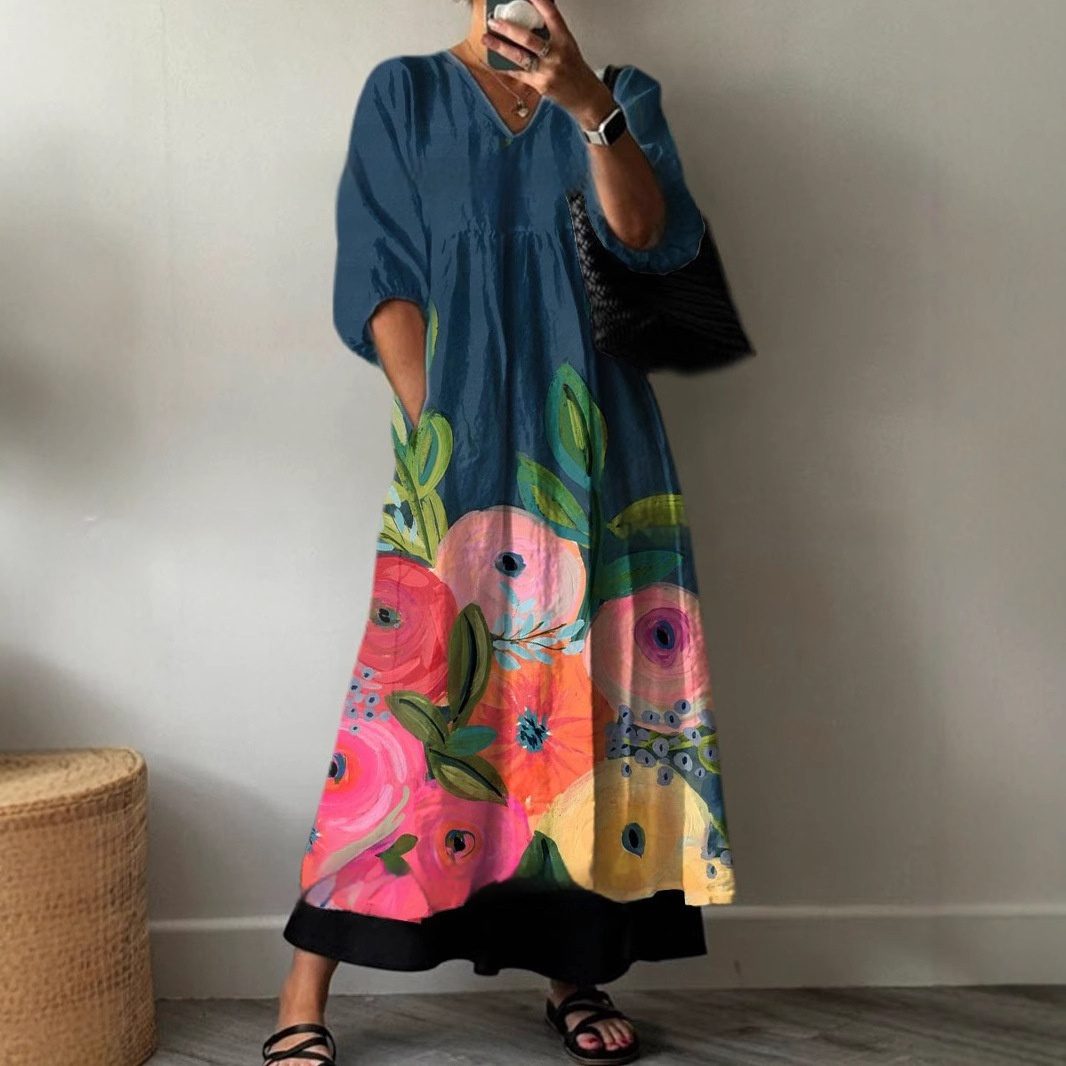 Loose V-neck Fashion High-end Long Sleeve Printed V-neck Dress