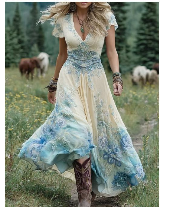 Women's Loose All-match Creative Pattern Totem Deep V Short Sleeve Dress