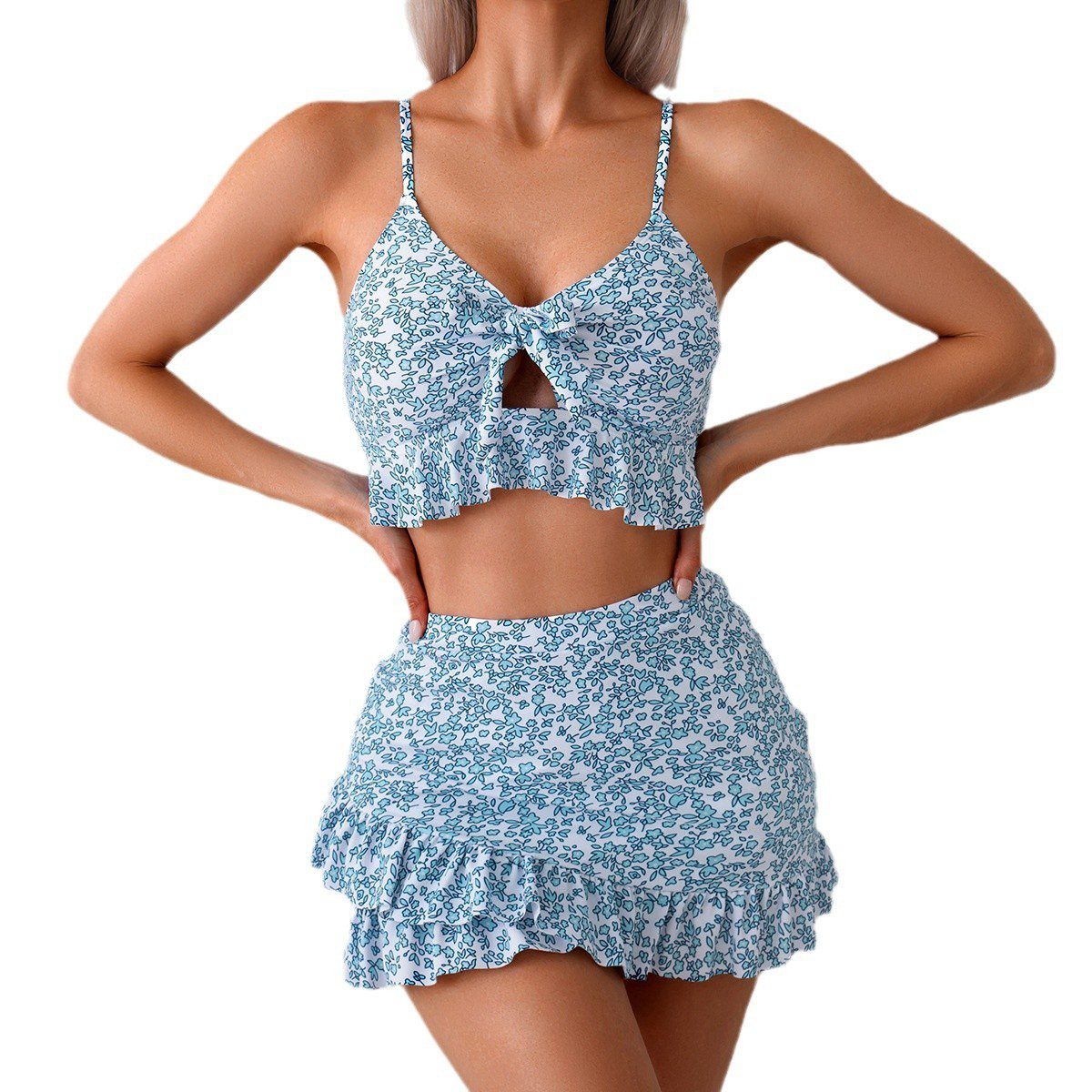 Floral Bow Ruffled Spaghetti Straps Briefs Split Bikini Three-piece Set