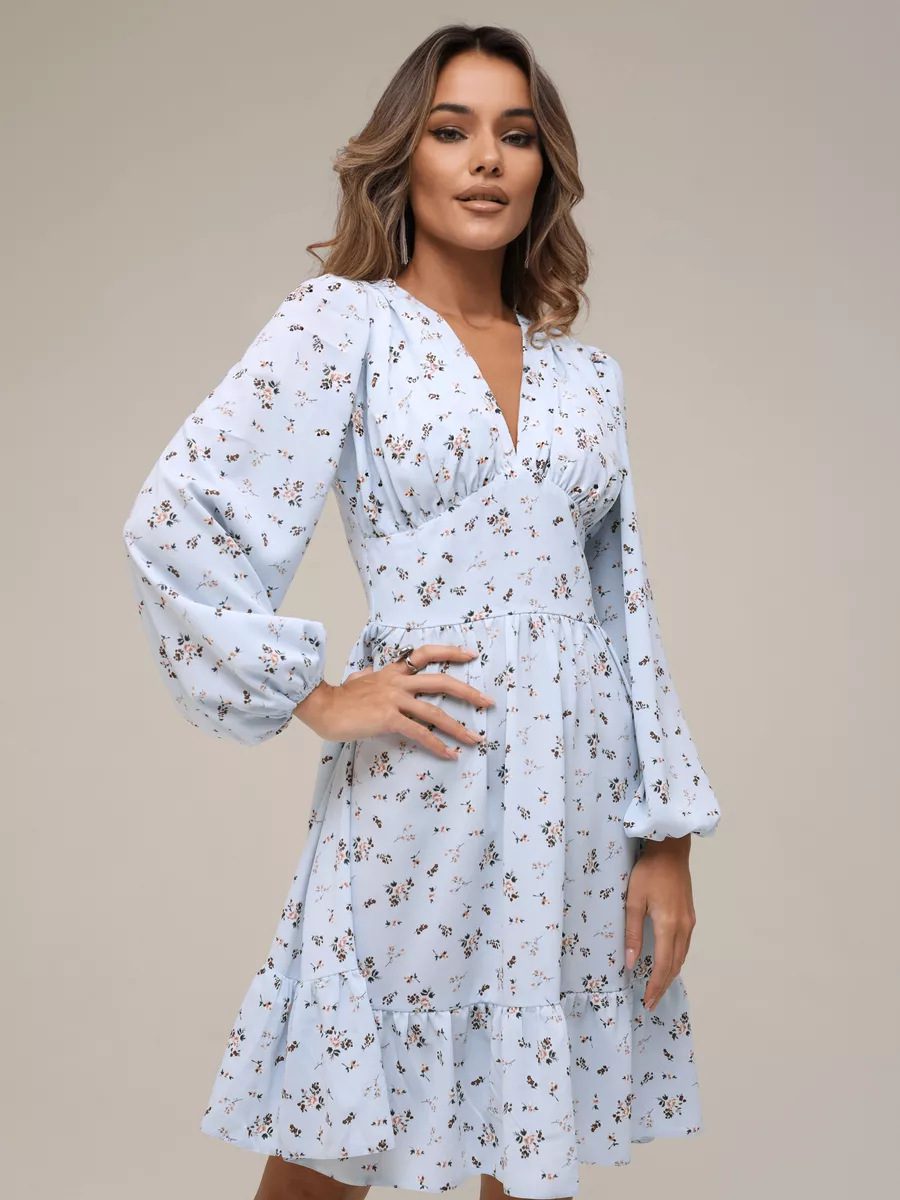 Printed Crimp V-neck Long Dress Women