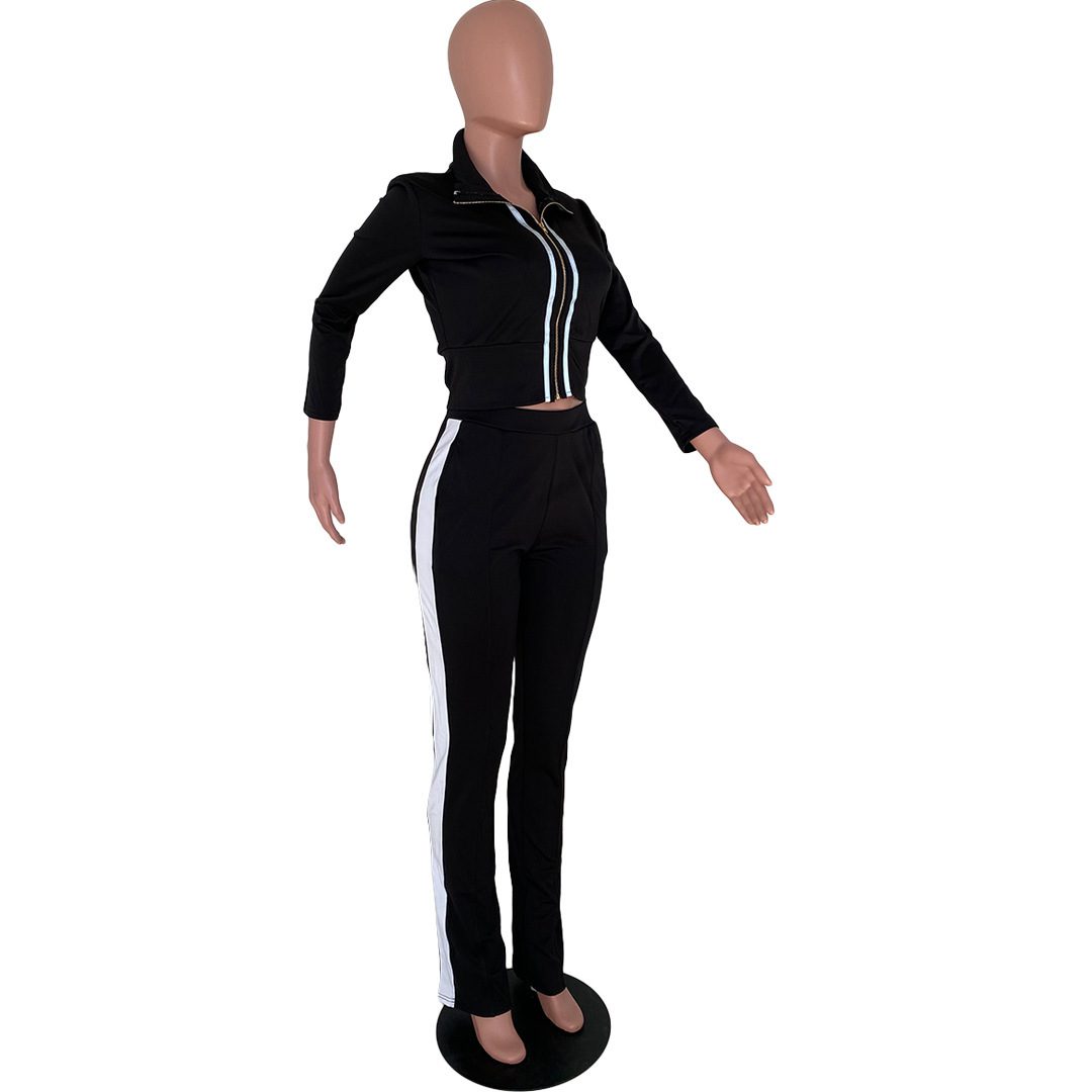 Pure color stitching fashion sports two-piece suit