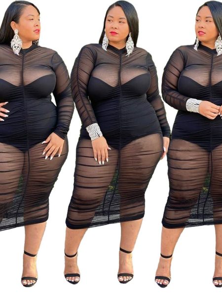 Plus Size Clothing Dresses for Women Long Sleeve Dress with Bodysuit Lining Sexy Mesh Bodycon Dress Wholesale Dropshipping