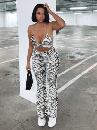 Striped Printed Lace-up Top Casual Wide-leg Trousers Suit