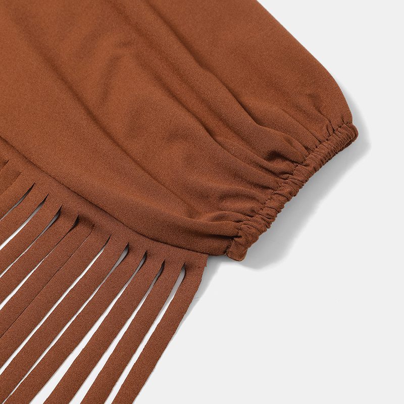 Women's Western Cowgirl Fringe Trim Tops Sexy Off Shoulder Long Sleeve T Shirts Tassel Top