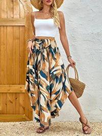 Women's High Elastic Waist Midi Skirt Casual Summer Trendy Tie Front Flowy Floral Print Beach Long Skirt