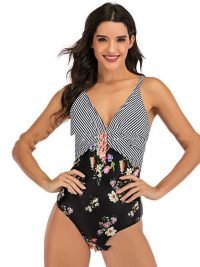 Women's High Waist Color Stitching Multi-color Printed Swimsuit