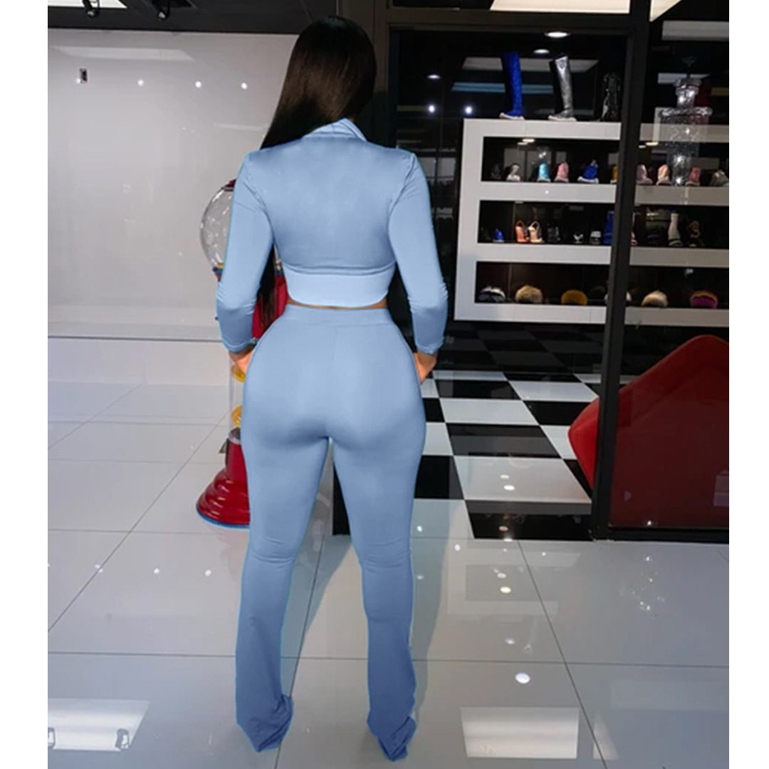 Pure color stitching fashion sports two-piece suit