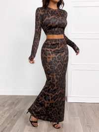 Round Neck Sexy Sheath Long Sleeve Leopard-print Slim-fit Split Suit