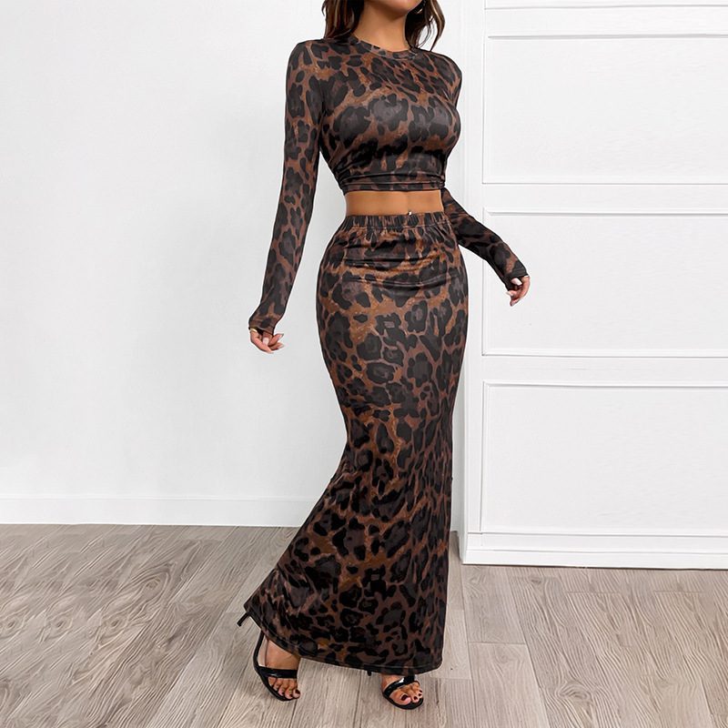 Buy Women's Clothing Online | Buy Trending Dresses for Women Round Neck Sexy Sheath Long Sleeve Leopard-print Slim-fit Split Suit