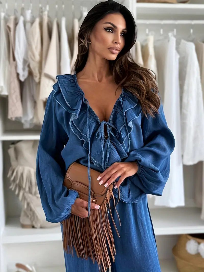 Female Retro Elegant Navy Blue Denim Suit – Stylish Women’s Outfit