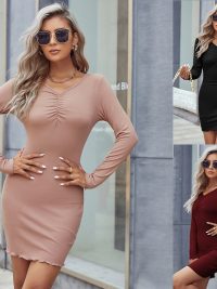 V-neck Gathers Sheath Knitted Long-sleeved Dress A- Line Skirt