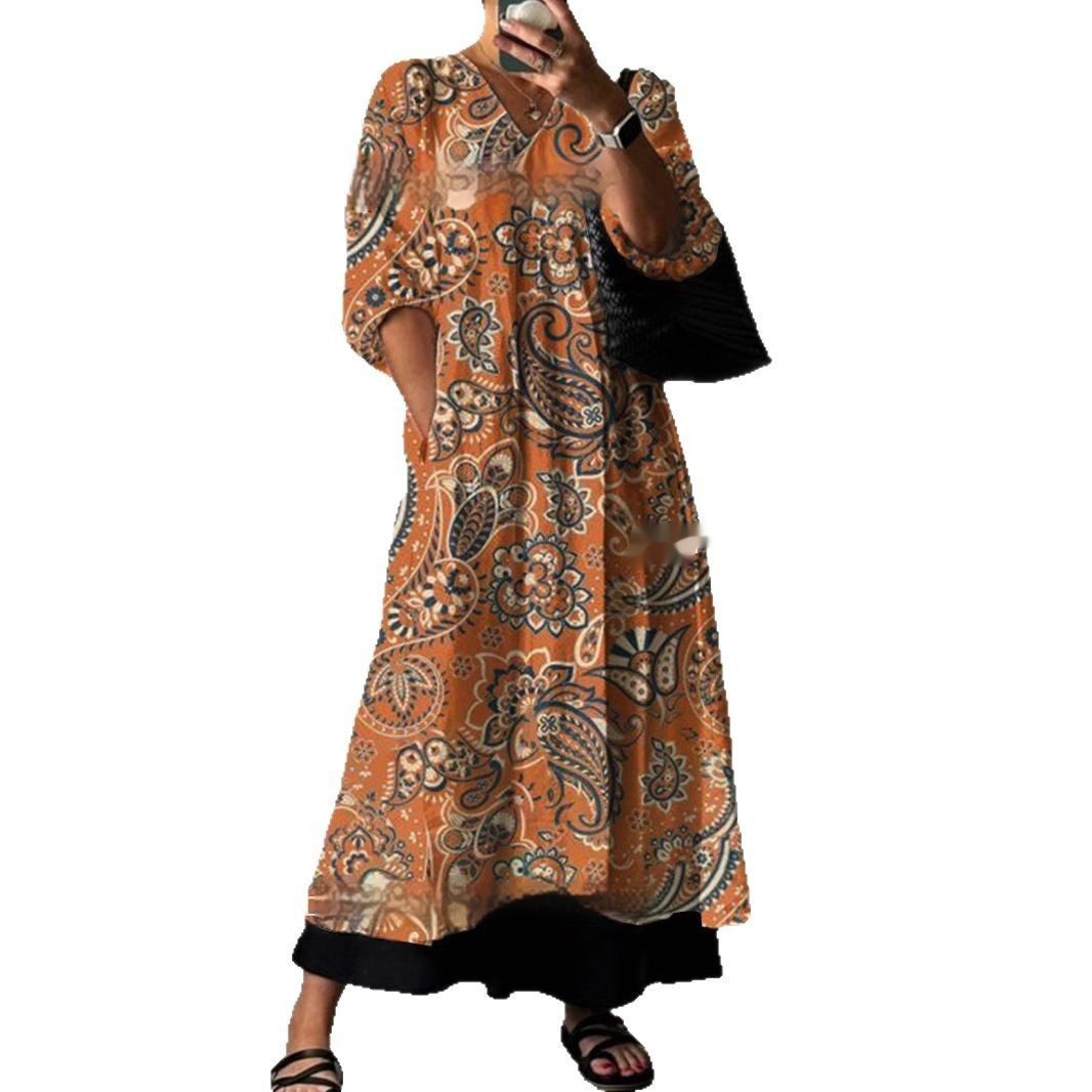 Loose V-neck Fashion High-end Long Sleeve Printed V-neck Dress