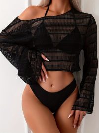 Women's Bikini Three Sets Sexy V Triangle Solid Color Bikini Sunscreen Long Sleeve Holiday Style