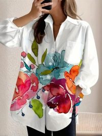 Women's Notch Lapel Long Sleeve Blouse With Colorful Floral Print - Chest Pocket Button-Up Shirt For Spring&Fall