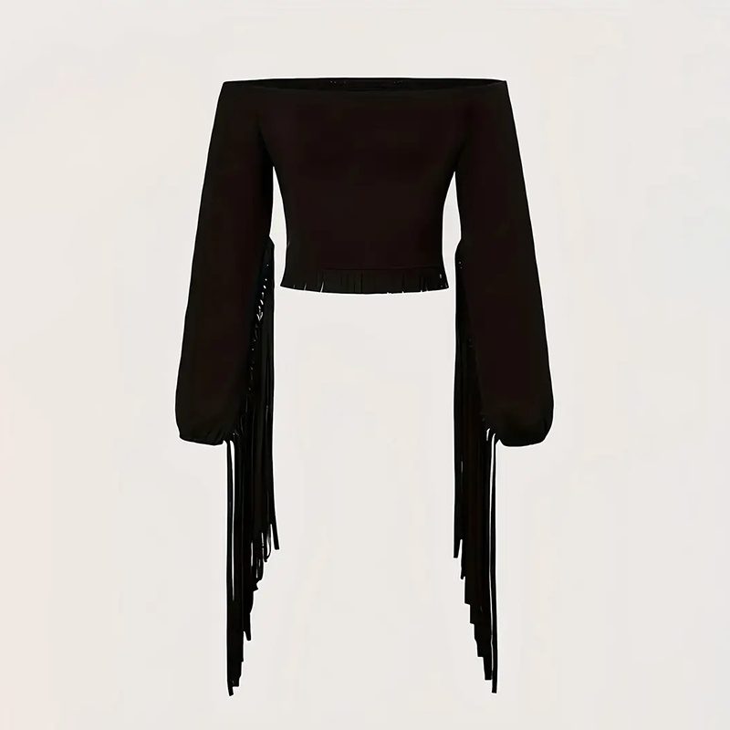 Women's Western Cowgirl Fringe Trim Tops Sexy Off Shoulder Long Sleeve T Shirts Tassel Top