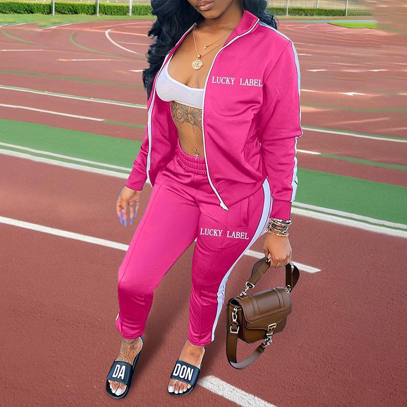 Women's Letter Embroidery Zip-Up Track Suit Set With Side Stripes