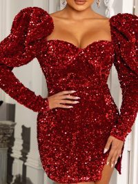 Sequin Backless Padded Shoulder Bubble Sleeve Party Dresses For Women