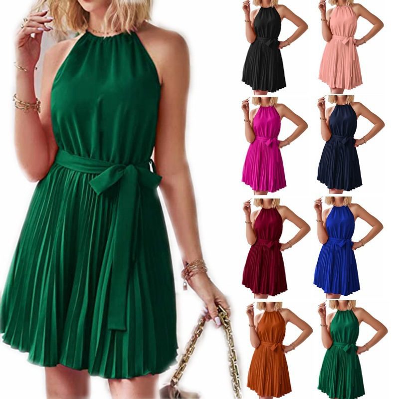 Buy Women's Clothing Online | Buy Trending Dresses for Women Halter Strapless Dresses For Women Solid Pleated Skirt Summer Beach Sundress