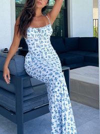 Fashion Flowers Print Suspender Long Dress Summer Lace-up Slim Backless Dresses For Women