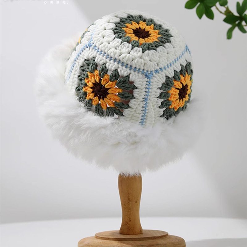 Rabbit Fur Knitted Warm-keeping And Cold-proof Handmade Crochet Bucket Hat