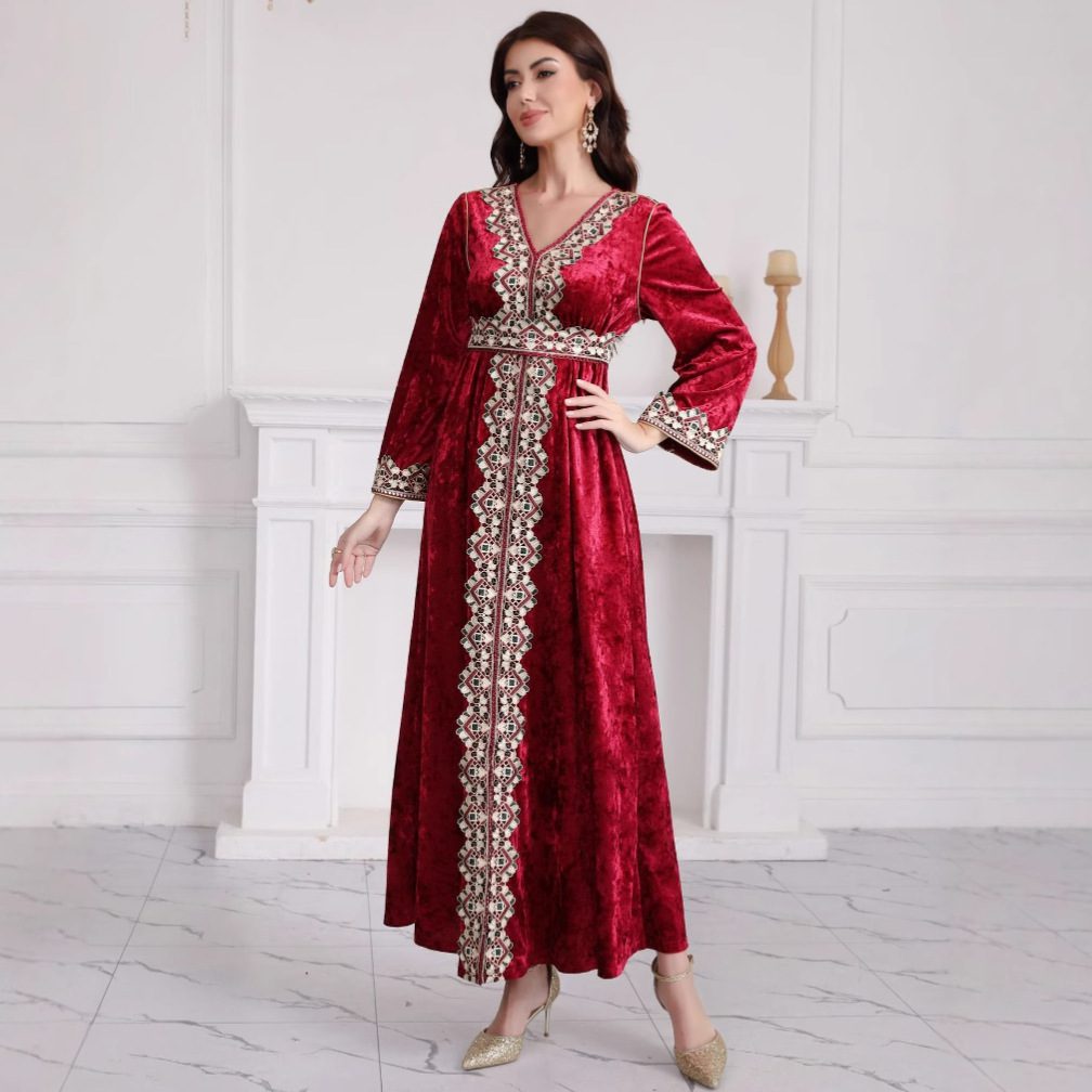 Women's Slim V-neck Long Sleeve Embroidery Pleuche Dress