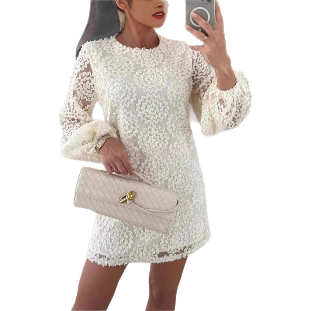 Lace Texture Fabric Balloon Sleeves Loose Mini Dress