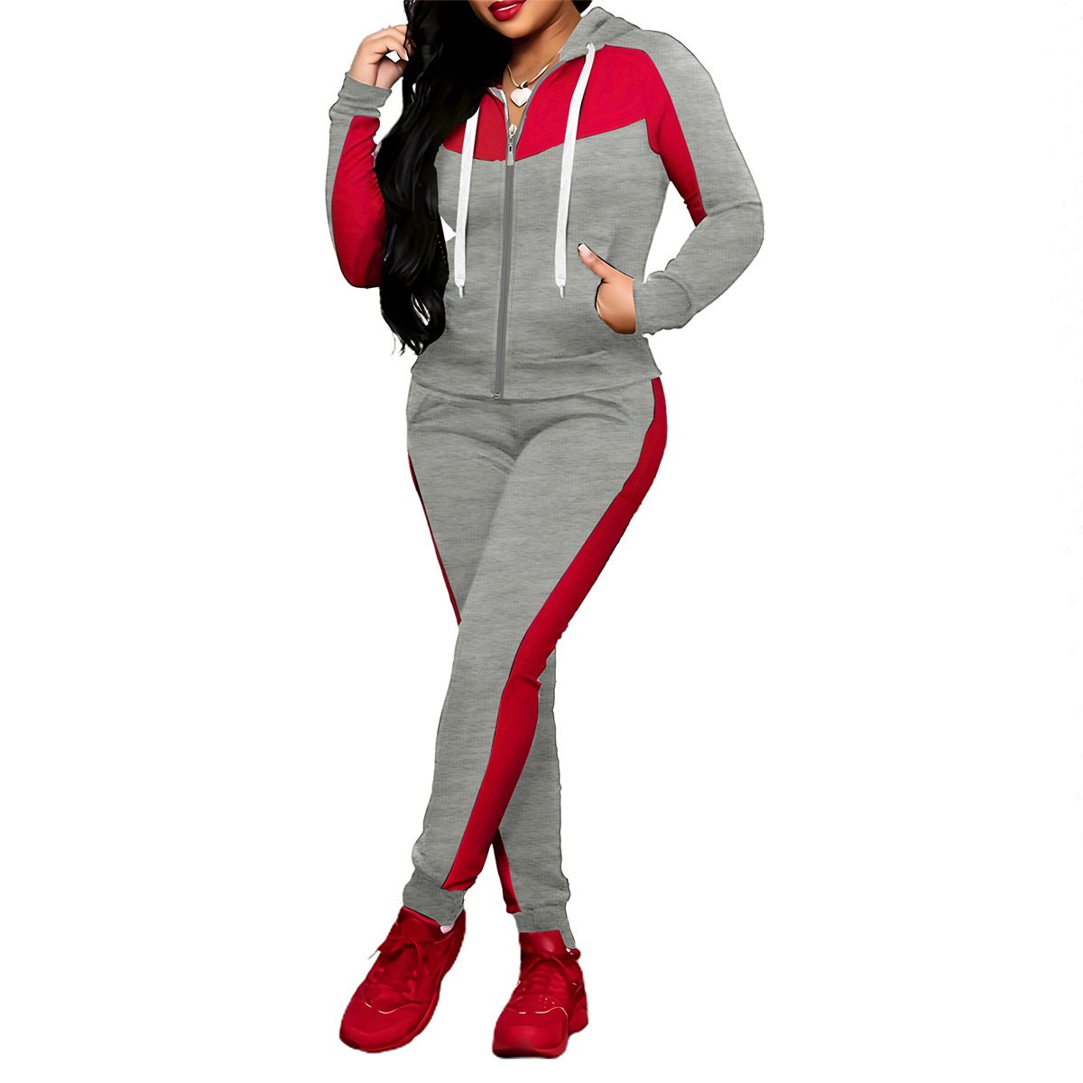 Women's Color Matching Zipper Hooded Sweater Set