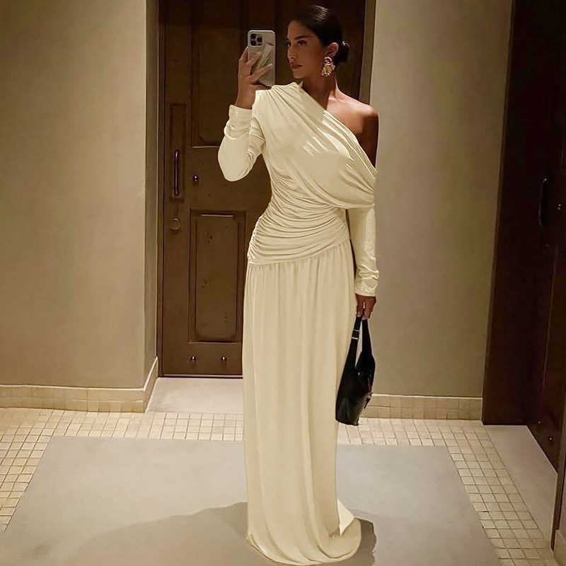 Buy Women's Clothing Online | Buy Trending Dresses for Women Women's Fashion Sexy Diagonal Collar Pleated Waist Tight Solid Color Dress