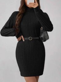 Women's Sunken Stripe Fleece Turtleneck Slim Dress