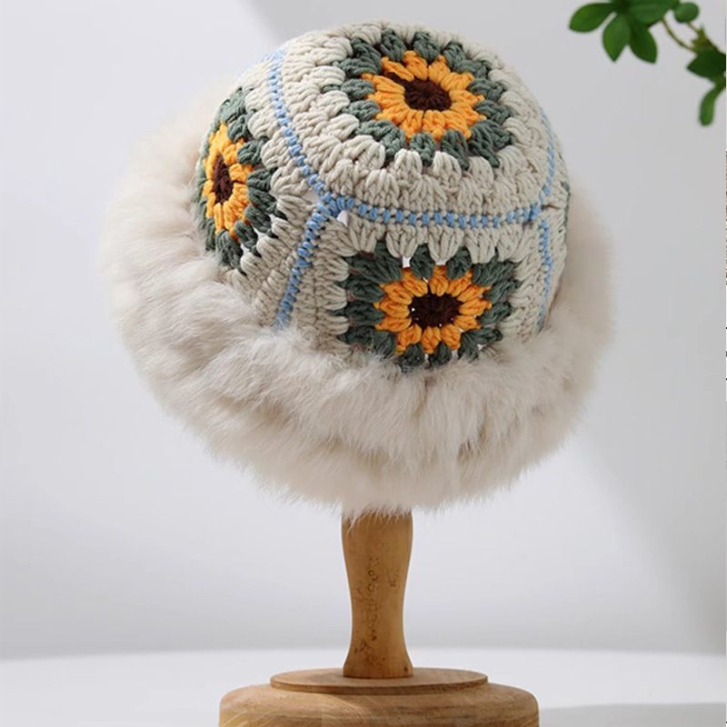 Rabbit Fur Knitted Warm-keeping And Cold-proof Handmade Crochet Bucket Hat