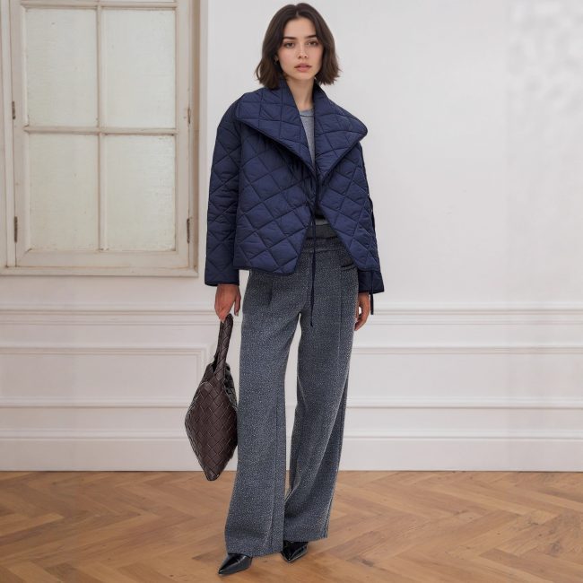 Sapphire Blue With Rhombic Quilted Short Loose Design Cotton-padded Coat