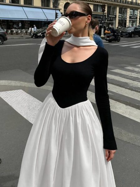 Women's Fashion Sexy Strapless Long Sleeve Color Contrast Patchwork Dress