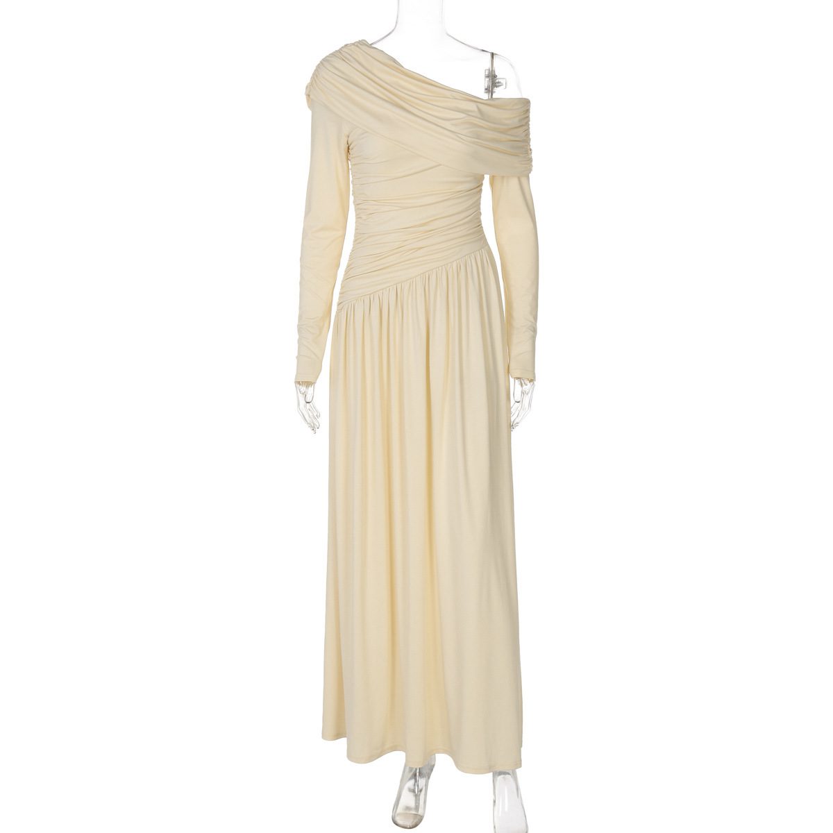 Women's Fashion Sexy Diagonal Collar Pleated Waist Tight Solid Color Dress