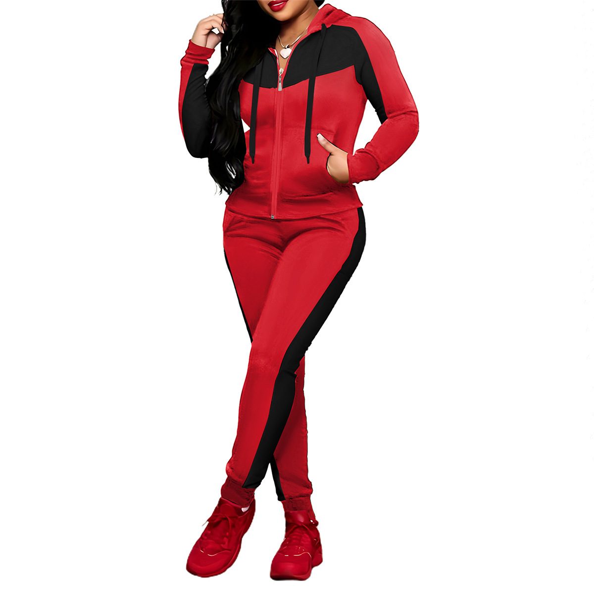 Women's Color Matching Zipper Hooded Sweater Set
