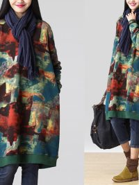 Loose Retro Fat Girl Ethnic Style Casual Cotton And Linen Printed Long-sleeved Dress