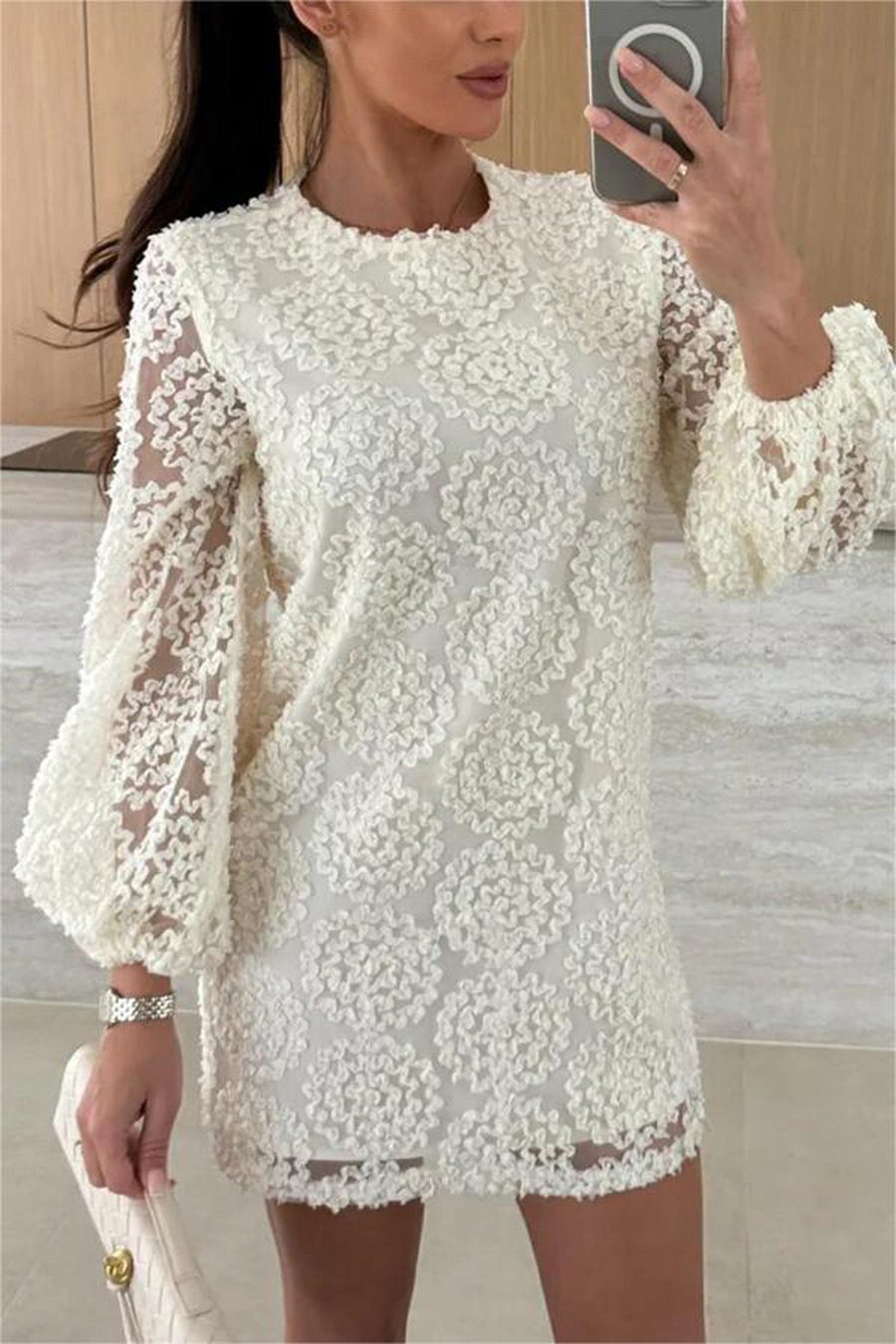 Lace Texture Fabric Balloon Sleeves Loose Mini Dress