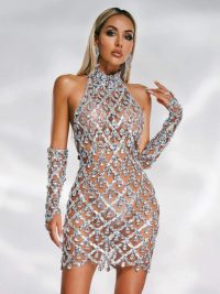 High-end Women's Heavy-duty Rhinestone Plaid Sequined Gloves Ultra-short Dress