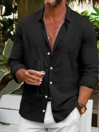 Men's Loose Plus Size Solid Color Shirt Linen Lapel Long Sleeve Casual Shirt