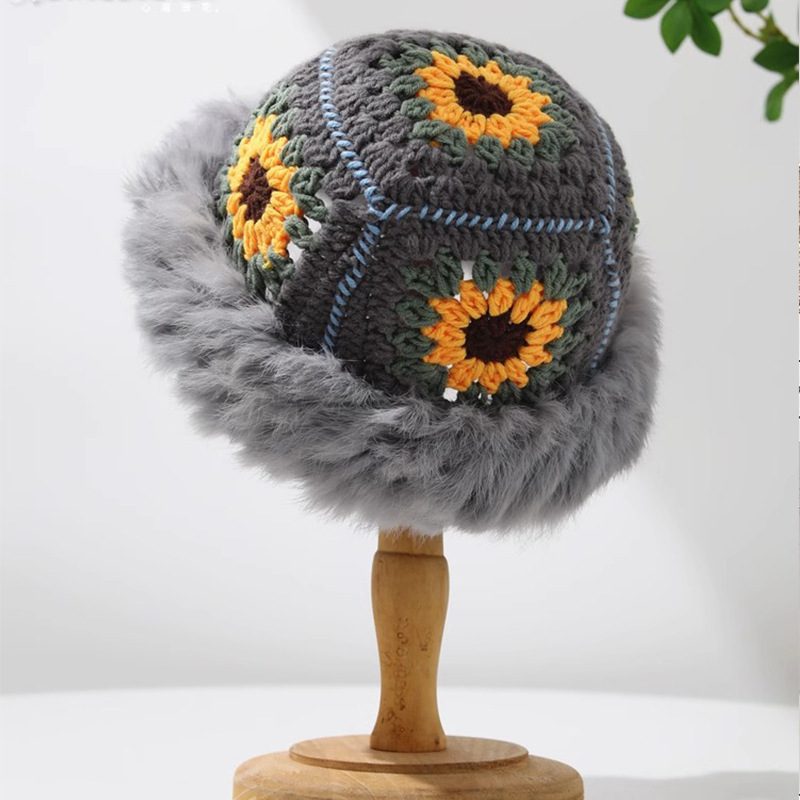 Rabbit Fur Knitted Warm-keeping And Cold-proof Handmade Crochet Bucket Hat