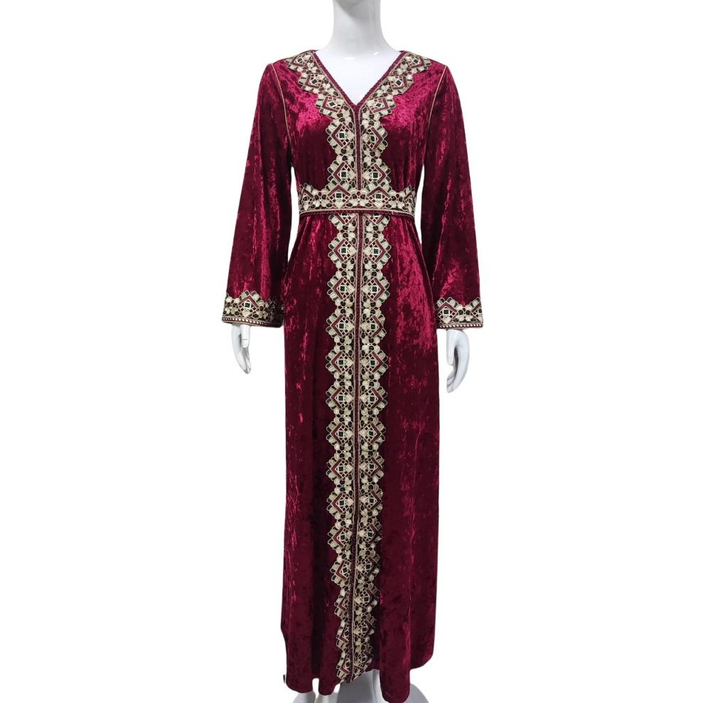 Women's Slim V-neck Long Sleeve Embroidery Pleuche Dress
