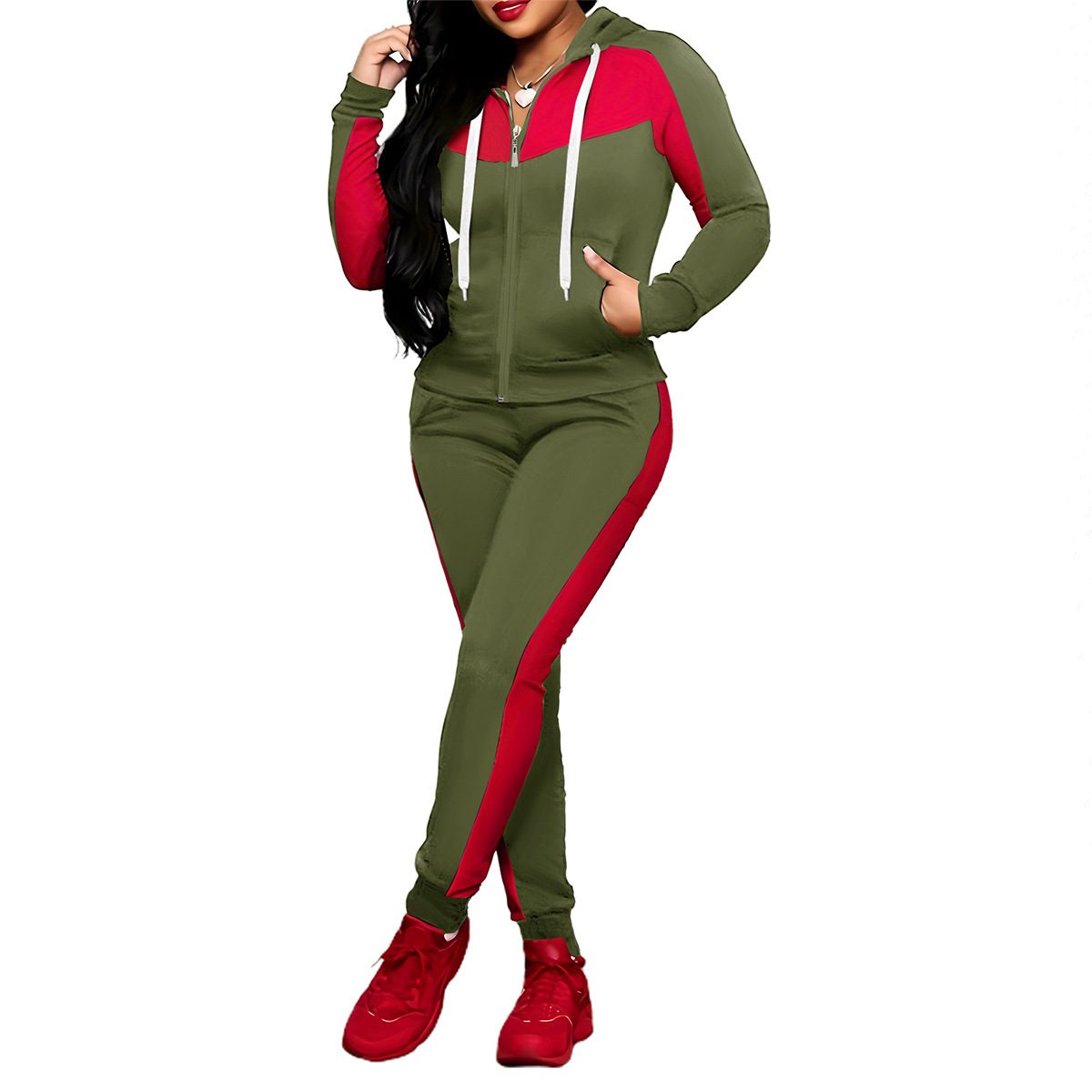 Women's Color Matching Zipper Hooded Sweater Set
