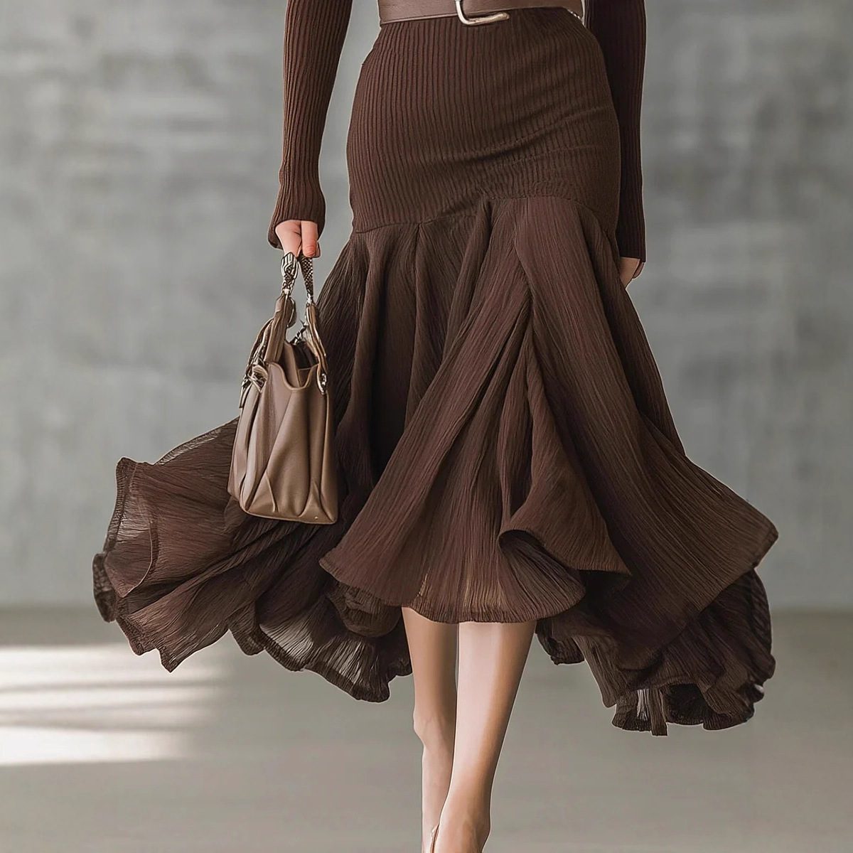 Stitching V-neck Long-sleeve Dress Long Skirt Large Swing Skirt