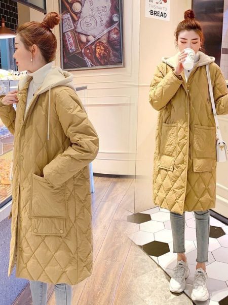 All-matching Cotton-padded Women's Over-the-knee Rhombus Plaid Loose Plus Size Hooded Jacket