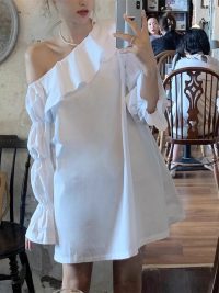 Women's Ruffled Irregular Off-shoulder Long Sleeve Dress