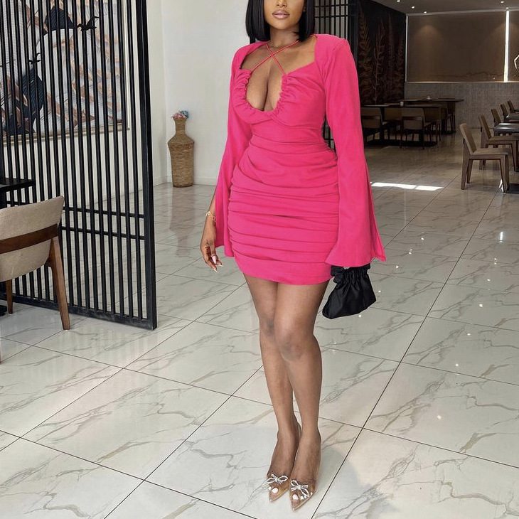 Sexy V-neck Tied Long Sleeves Split Dress